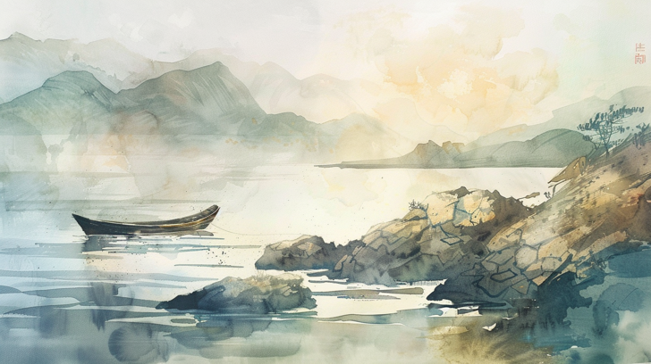Small boat anchored in a rocky inlet. Style is of vaguely asian watercolors. Generated by Midjourney.
